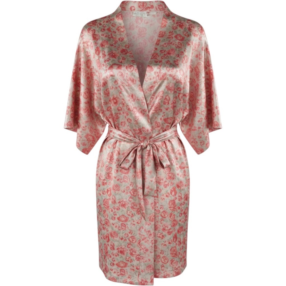 Vassarette Womens Coral Rose Floral Satin Short Wrap Robe Kimono Sleeve Large